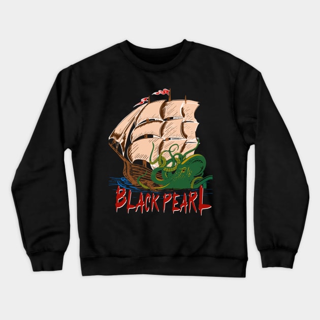 Black Pearl The Pirate Ship with Giant Kraken Sea Monster Vintage Crewneck Sweatshirt by Andrew Collins